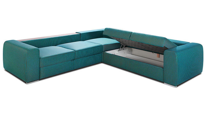 Független sarokkanapé polccal a nappaliba