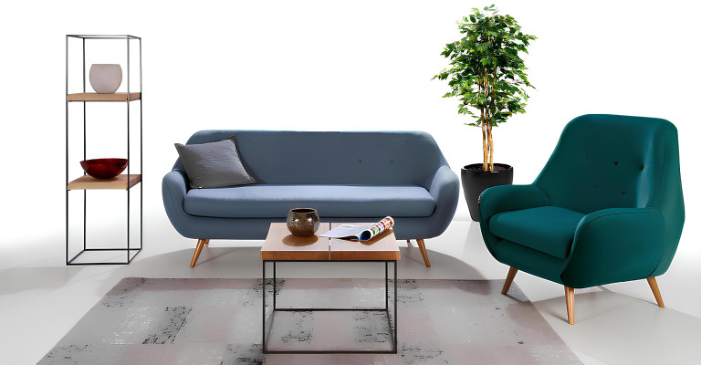 Modern kétszemélyes Chesterfield kanapé kék szövetből