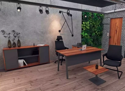 Barna sarokasztal polcokkal az irodához