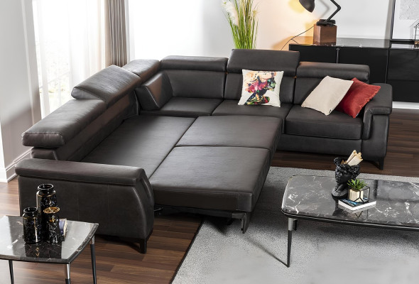 L-alakú kanapé Mustat ágyfunkcióval