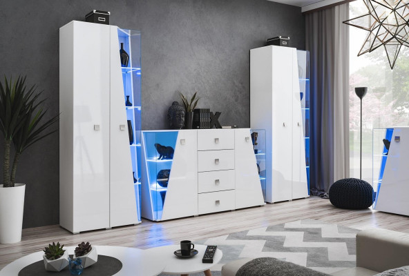 Fehér luxus szekrény 2x vitrinnel modern nappaliba