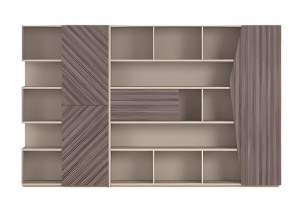 Modern polcrendszer bézs és barna fa hatással, nyitott szekrény fiókokkal