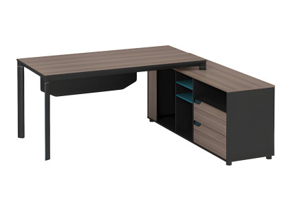 Modern sötét fa sarokasztal polcokkal és fiókokkal