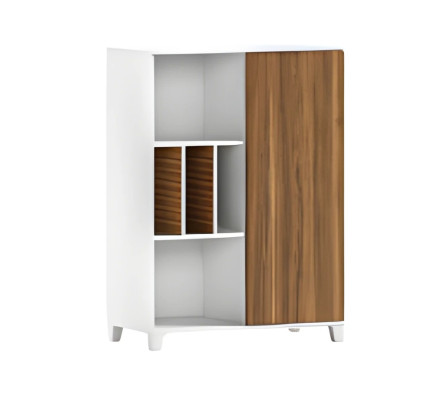 Modern fehér fa szekrény nyitott polcokkal és elegáns ajtókkal