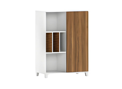 Modern fehér fa szekrény nyitott polcokkal és elegáns ajtókkal