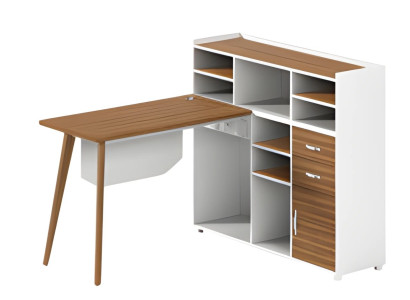 Fehér fa asztal tárolóhellyel, nyitott rekeszekkel és elegáns lábakkal