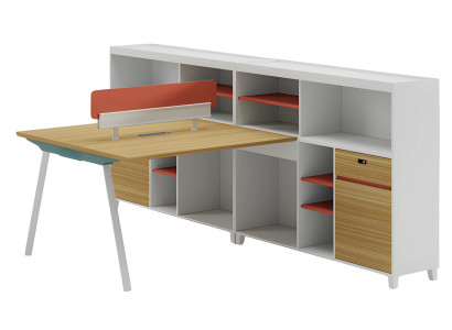 Modern íróasztal tárolóhellyel és narancssárga polccal