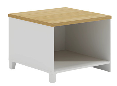 Modern fehér asztal fából készült felülettel, praktikus és minimalista tárolóhely