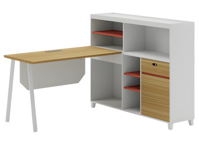 Modern fehér sarokasztal tárolóhellyel és narancssárga polcokkal