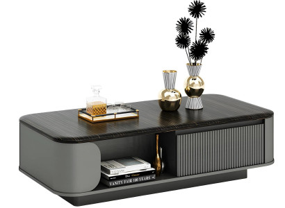 Modern nappali asztal elegáns dizájnnal és fekete felülettel, valamint nyitott polcokkal