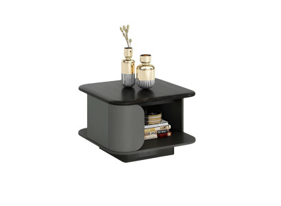 Modern nappali asztal kompakt méretekkel és nyitott felső résszel, fekete felülettel