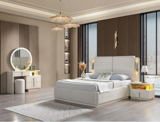 Ágy 2 modern és elegáns éjjeliszekrénnyel, 5 darabos szett