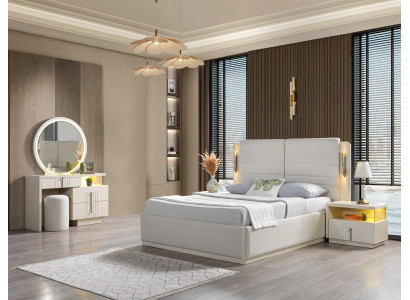 Ágy 2 modern és elegáns éjjeliszekrénnyel, 5 darabos szett