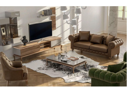 Braune Chesterfield Luxus Sofagarnitur Moderner Dreisitzer Sessel Textil