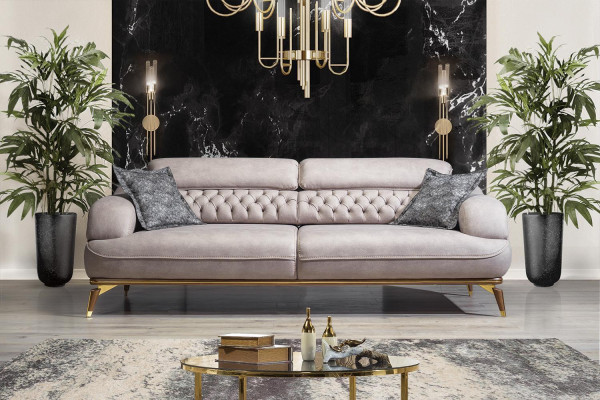 Luxus Dreisitzer Sofa 3 Sitzer Stoff Sofas Holz Design Grau Chesterfield