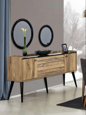 Designer Esszimmer Möbel Set Hellbraunes Holz Sideboard Glas Spiegel