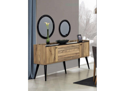 Designer Esszimmer Möbel Set Hellbraunes Holz Sideboard Glas Spiegel
