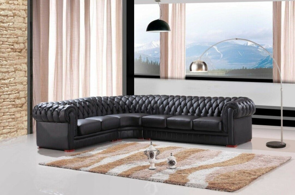 Chesterfield Ecksofa Eckcouch Designer Sofa Schwarz Couch 100% Leder 