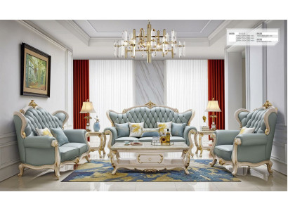 6tlg.Set (Sofagarnitur 3+2+1 Sitzer + Couchtisch + 2x Beistelltisch Massivholz
