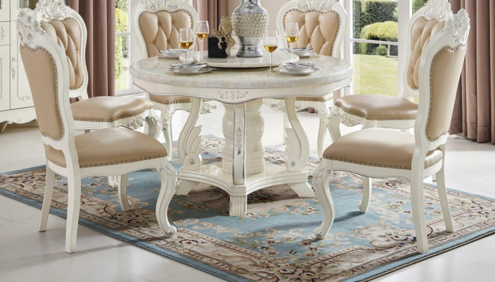 Design Rund Tisch 6x Stühle Esszimmer Sitz Polster Tische Garnitur Massivholz