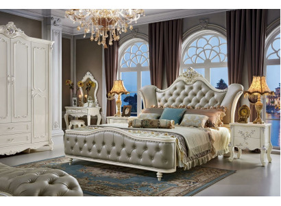 Design Schlafzimmer Set 6 tlg. Barock Bett Nachttisch Kleiderschrank Massivholz