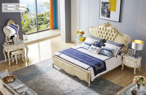 Klassische Bett Schlafzimmer Schminktisch Set Nachttisch Hocker 5tlg. Massivholz