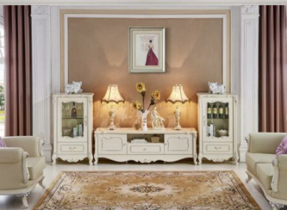 Klassische Barock Garnitur Möbel Schrankwand Massivholz Sideboard Vitrine 3tlg
