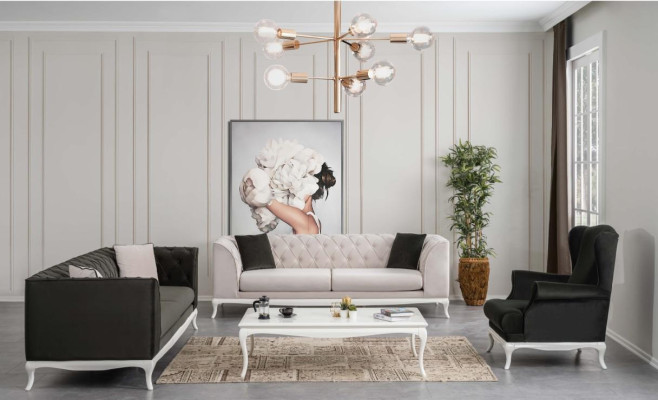 Komplette Chesterfield Couch Polstersofas Set 3tlg Stoffsofa Schwarz