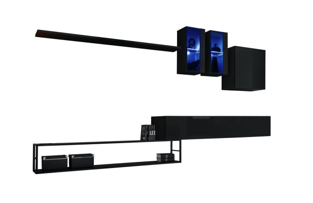 Designer Wohnwand Schwarz Modern Luxus TV Ständer Holzmöbel Einrichtung Garnitur