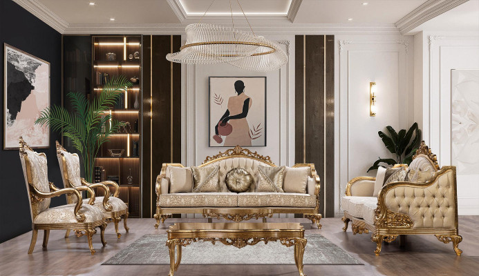 Goldene Couch Klassische Sofagarnitur Polster Möbel 3+1 Couchtisch Stoff