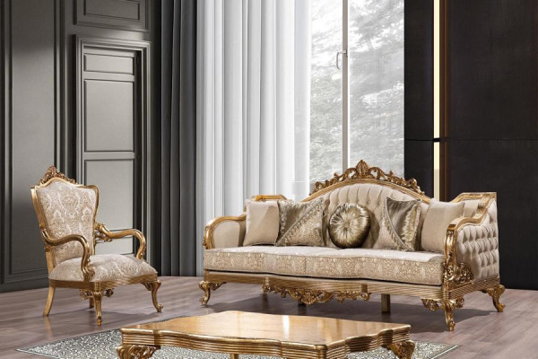 Goldene Couch Klassische Sofagarnitur Polster Möbel 3+1 Couchtisch Stoff