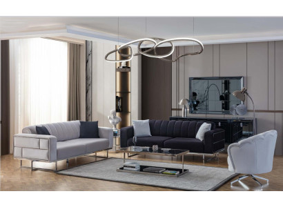 Graue Wohnzimmer Couchen Designer Polster Dreisitzer Textil Sessel 3tlg