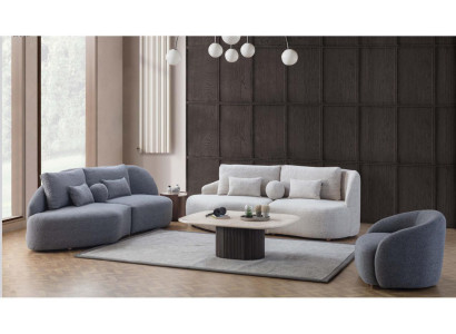 Grau-weiße Wohnzimmer Garnitur 3+3 Sitzer Designer Textilsessel 3tlg