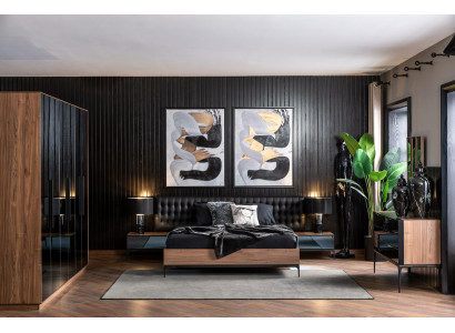 Schlafzimmer Set Möbel Komplett Set Schwarzes Bett Schrank Nachttische 8tlg