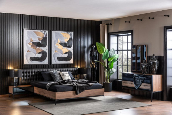 Schlafzimmer Set Möbel Komplett Set Schwarzes Bett Schrank Nachttische 8tlg