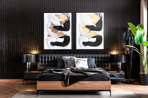 Elegantes Schlafzimmerset: Doppelbett und 2 Nachttische in schwarz-brauner Farbe