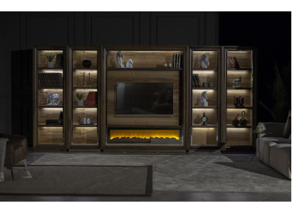 Luxus Wohnwände 448cm Schrank Wand Wohnwand mit Kamin Wohnzimmer Holz