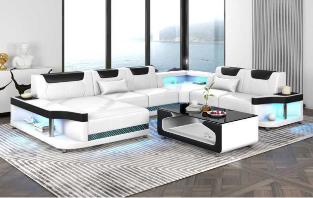 Großes Sofa Wohnlandschaft LED XXL U Form Ecksofa Ledersofa Schwarz