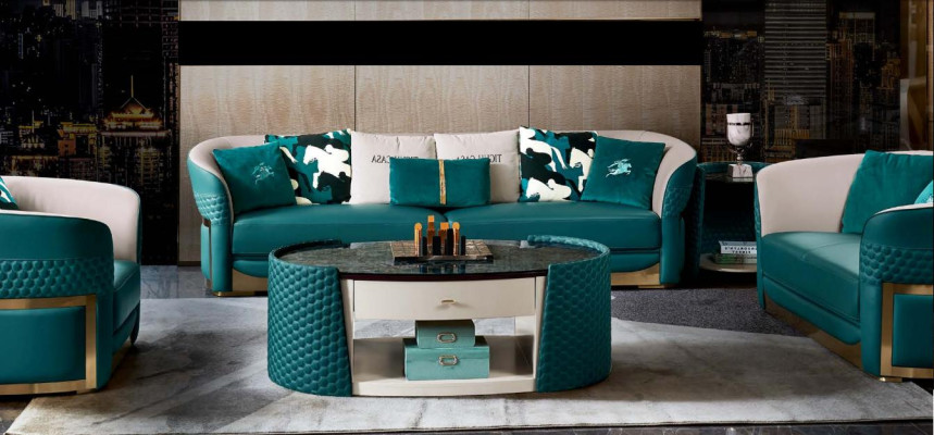 Couchtisch Holz Leder Turkis Ovaler Modern Design Möbel Luxus Wohnzimmer 140x83