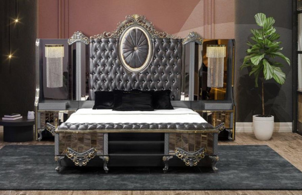 Garnitur Schlafzimmer Doppel Luxus Bett Klassische Schwarz Set 3tlg.