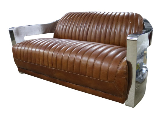 Sofa Vintage 2-Sitzer Ledersofa im Retro Stil Echtleder Aluminium Nieten Möbel
