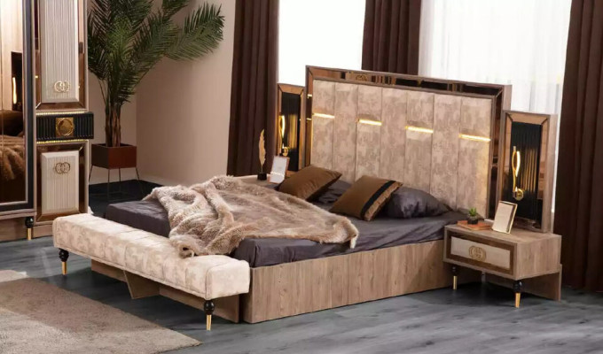 Komplette Schlafzimmermöbel Luxus Bett Set 6tlg Doppelbett Beige Stoff