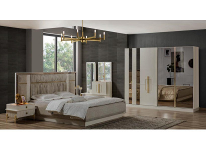 Luxus Doppelbett Schlafzimmer Garnitur Holz Beige Stoff Bett Set 5tlg
