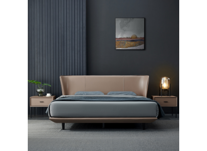 Beiges Kunstleder Schlafzimmer Doppelbett Designer Holzgestell Betten