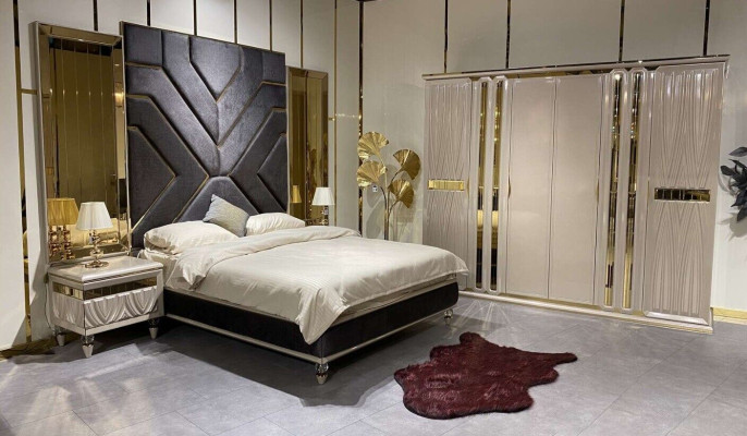 Set Schlafzimmer Bett 2x Nachttische 3tlg.Luxus Komplett Set Design neu