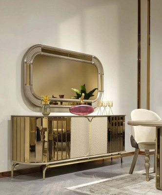Designer Sideboard Gold Beige Spiegel Holz Anrichte Design Möbel Konsole