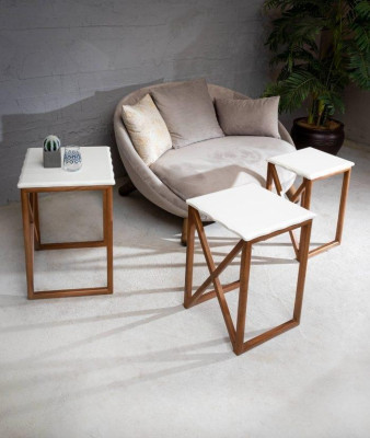 Weiße Couchtisch-Garnitur 3x Quadratische Holztische Wohnzimmer Möbel