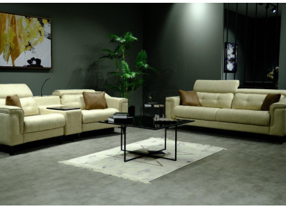 Beige Leder Sofagarnitur Designer 3-Sitzer Zweisitzer Couch 2tlg Set