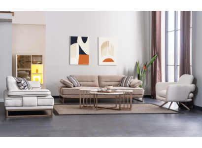Weiß-Beige Wohnzimmer Couchgarnitur Robuster 3-Sitzer Couchtisch 6tlg