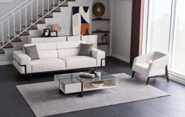 Wohnzimmer Weiße Polstergarnitur 3+1 Sitzer Designer Glas Couchtisch